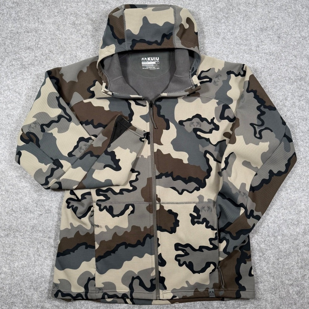 KUIU Peloton 240 Full Zip Hoodie Mens L Camo EUC Wind Resistant Fleece Jacket